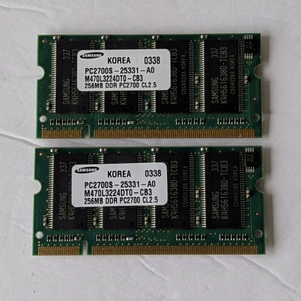 Two Samsung 256MB DDR PC2700S-25331-A0 333MHz  Memory M470L3224DT0-CB3 SoDimm